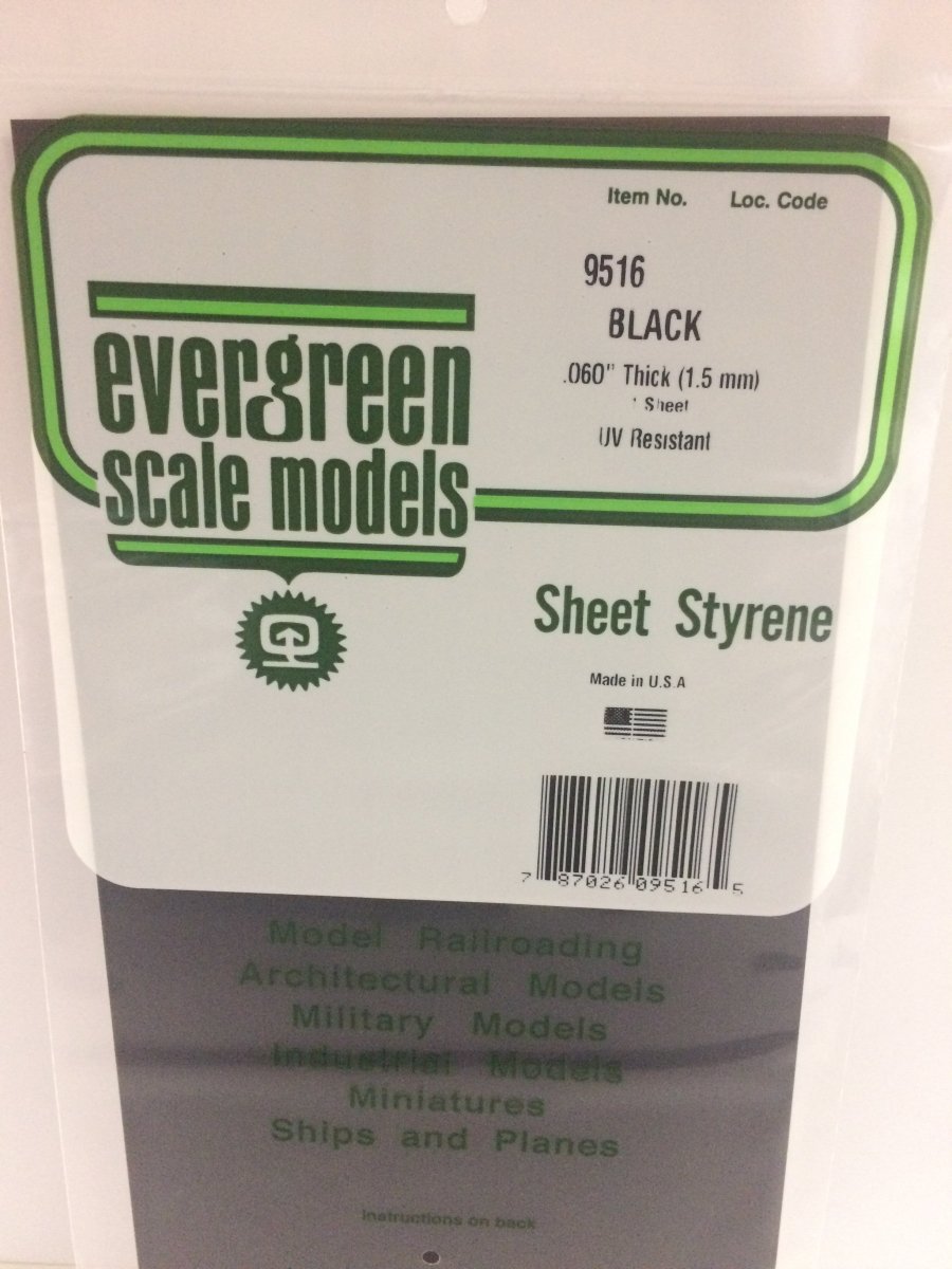 Evergreen 9516 .060" (1.5mm) Plain Opaque Black Polystyrene Sheet (1 pcs) - Oakville Model Trains Depot