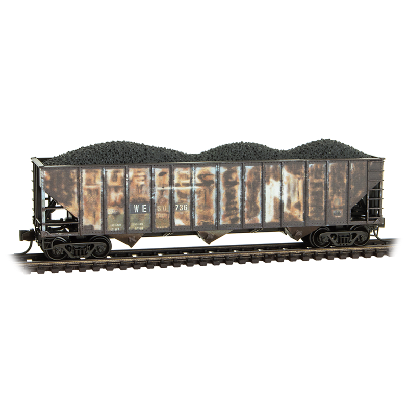 Micro-Trains 983 105 112 N scale Wheeling & Lake Erie Weathered 2-Pack 100-Ton 3-Bay Open Hopper with Coal Load — side A