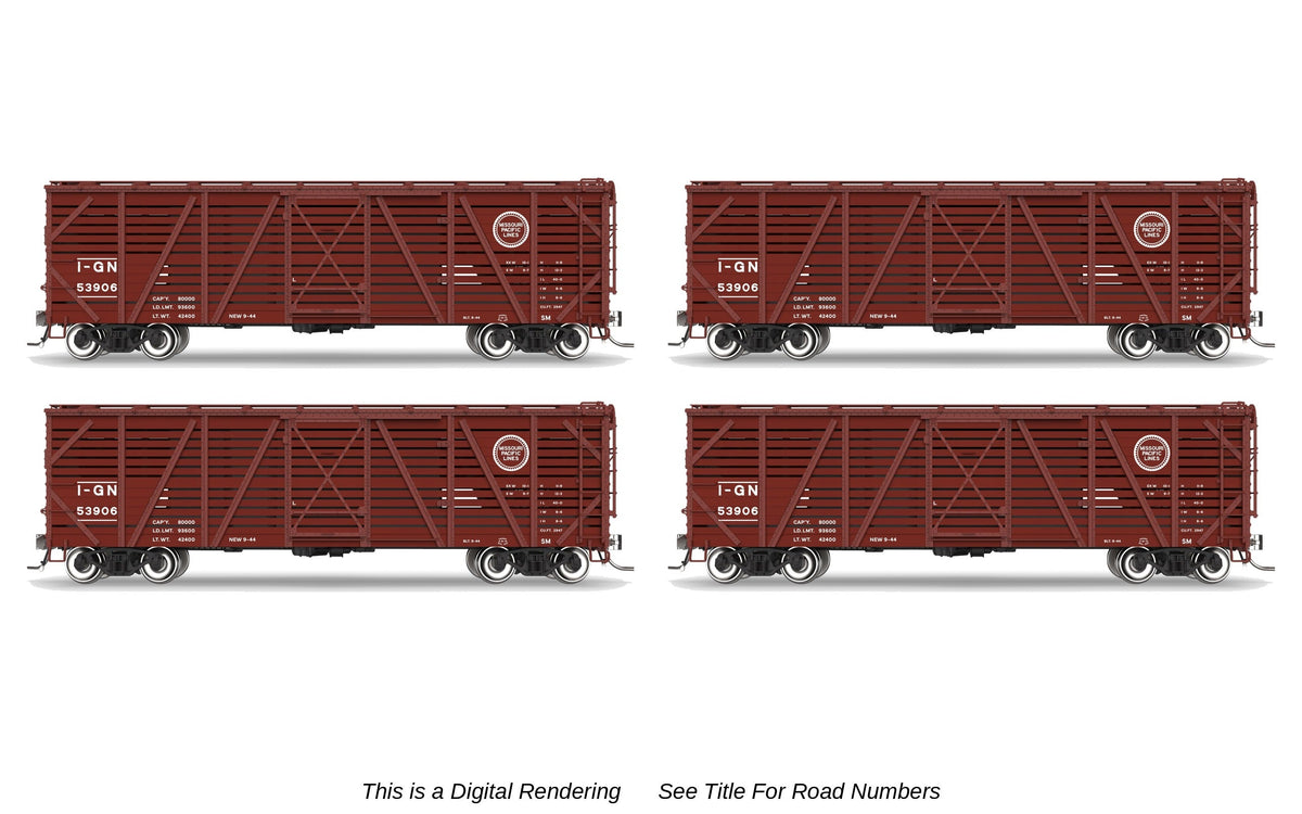 Broadway Limited Imports 10723 HO 40' Wood Stock Car 4-Pack, Missouri Pacific (Road Nos. 53948, 53957, 53986, 53989)