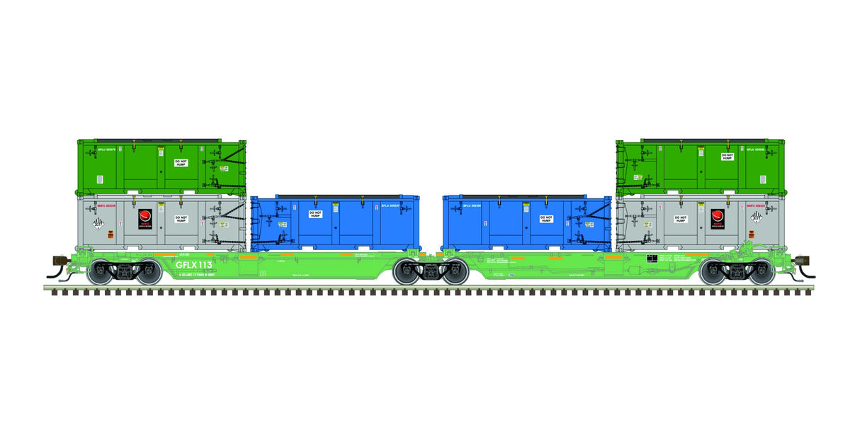 Atlas Master HO articulated bulk carrier Greenfield Logistics GFLX with green GFLU, gray MHFU and blue BFLU waste containers