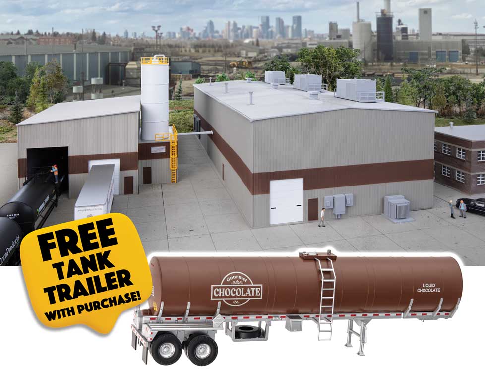 Walthers Cornerstone B4166 HO Scale Chocolate Factory - Kit with Free SceneMaster Tank Trailer