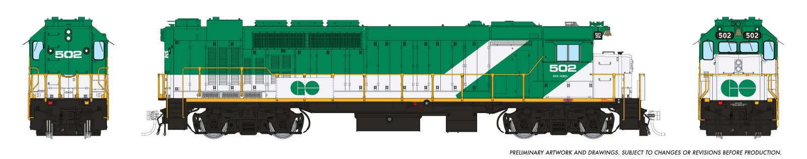 Rapido HO GP40TC (DC/Silent): GO Transit - Green & White, Early Font: #502