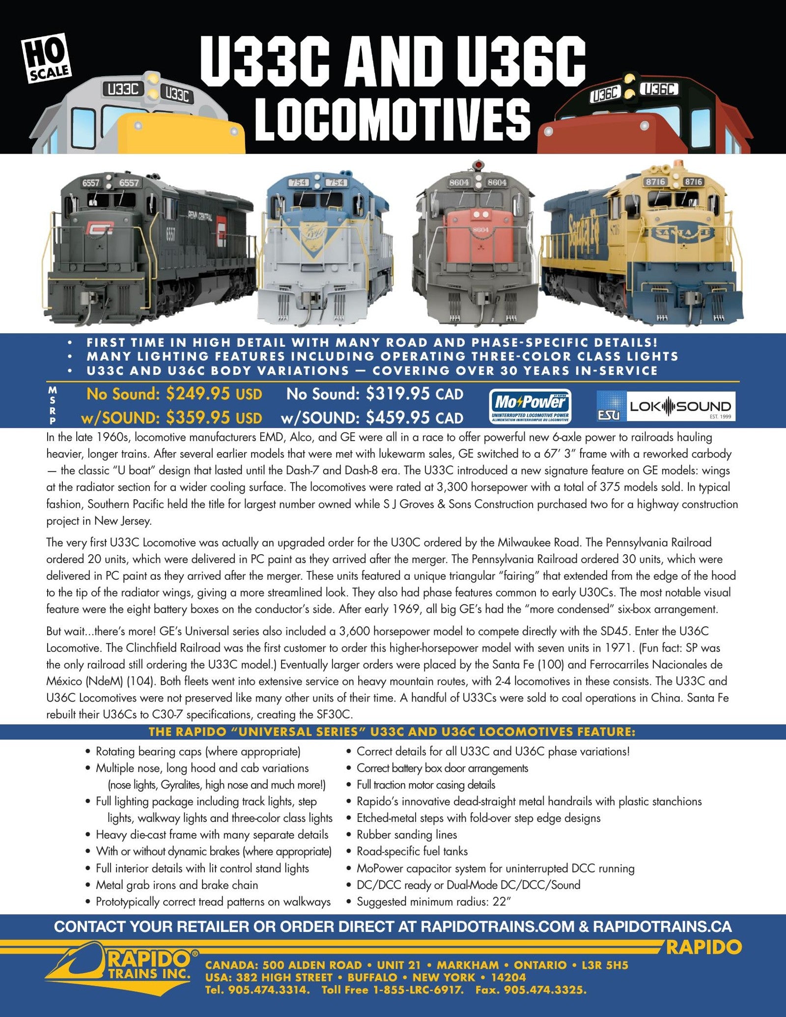 U33C/U36C sales sheet — features, prototype info, all road numbers