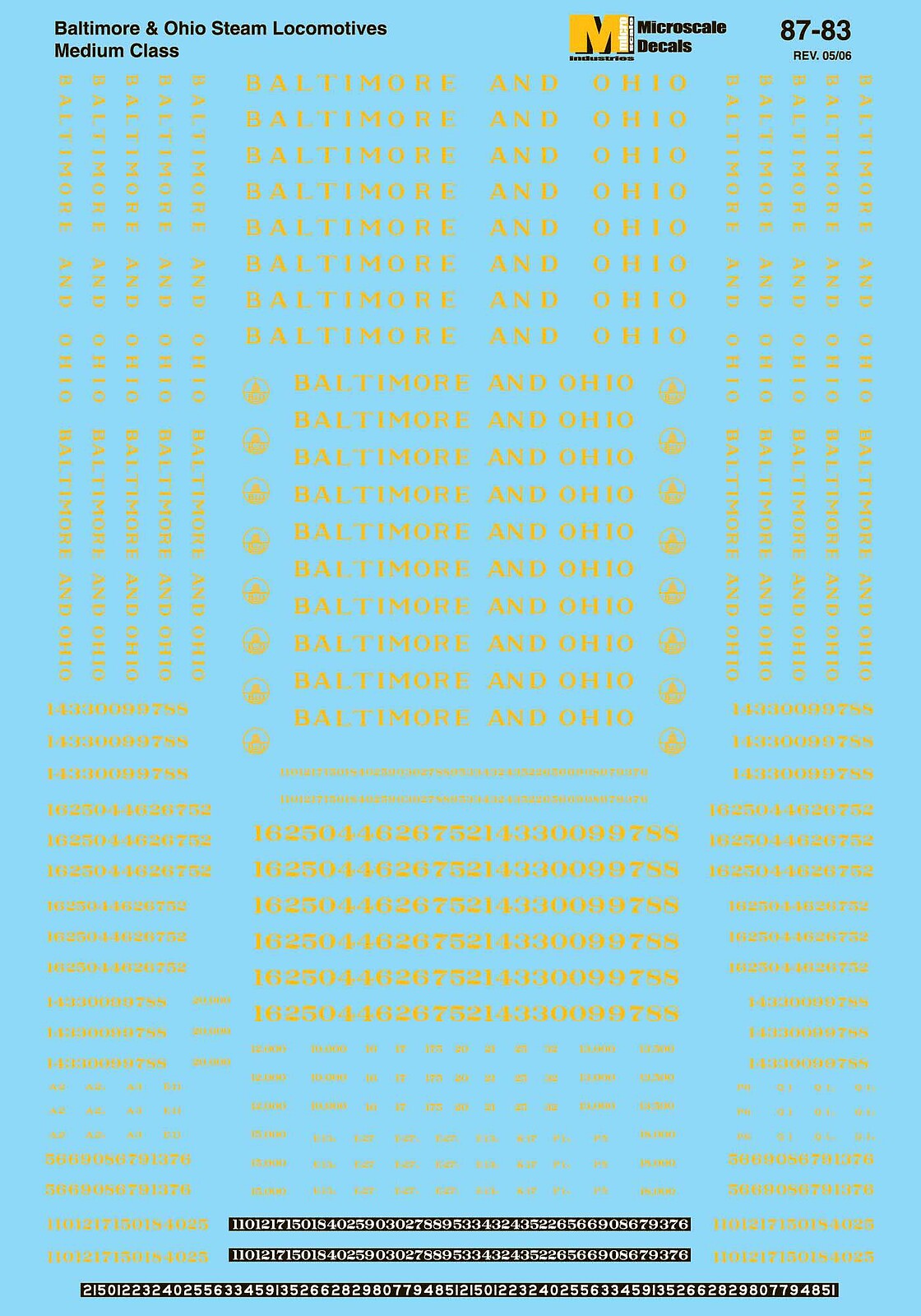 Microscale 87-83 HO Scale Baltimore & Ohio Medium Steam Locomotives Waterslide Decals