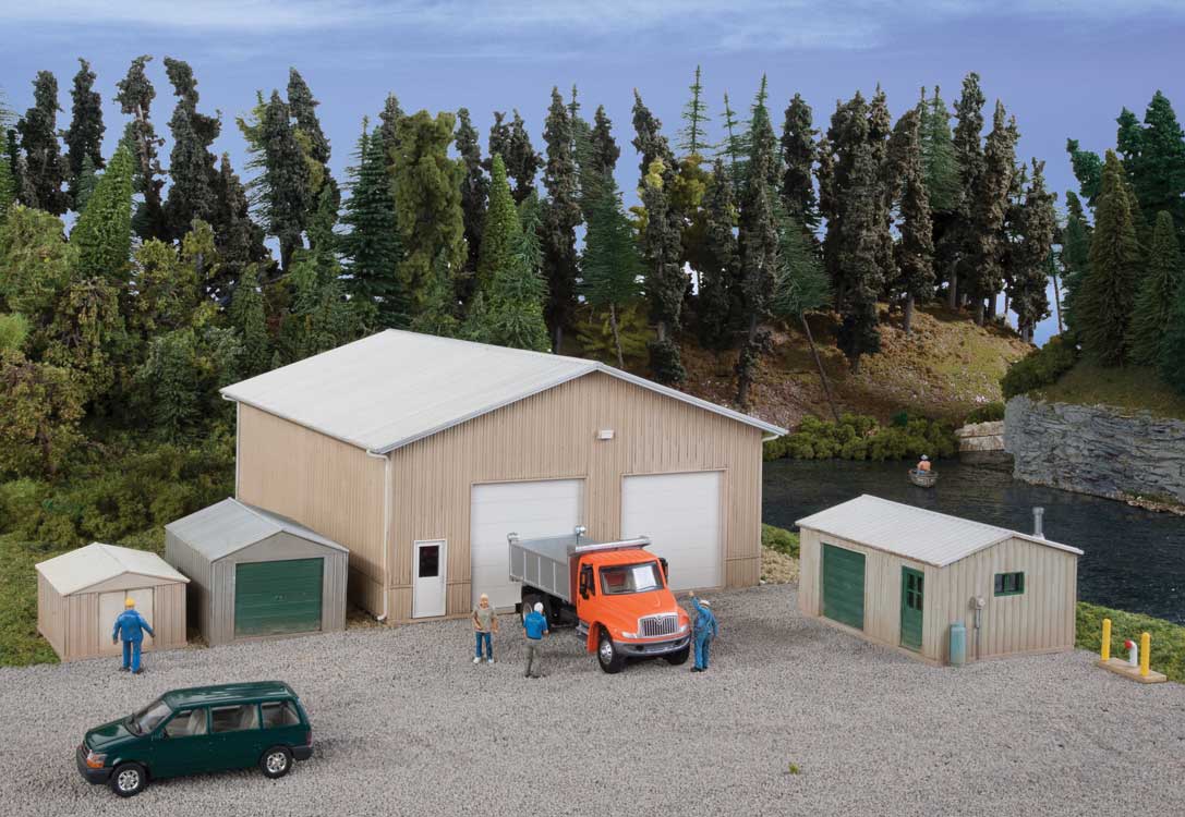 Walthers Cornerstone 4125 HO Scale Pole Barn and Sheds - Kit - Set of Four Buildings