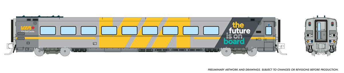 Rapido 508017 N scale LRC Business Class Coach, VIA Rail The Future Is On Board Wrap