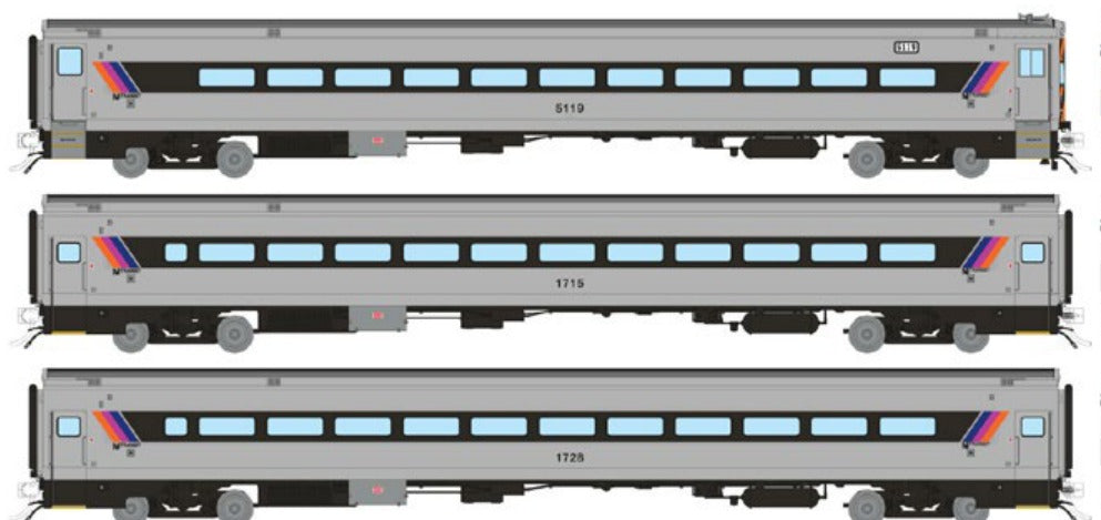 Rapido HO Scale Comet I Commuter Cars 3-Pack — NJ TRANSIT Tiger Stripes Set #1 (Cab #5104, Coaches #1712, #1739)