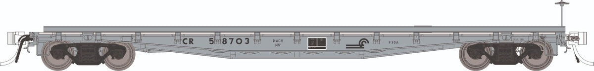 Rapido HO scale F30A 50' MOW flat car with deck rails, Conrail MOW
