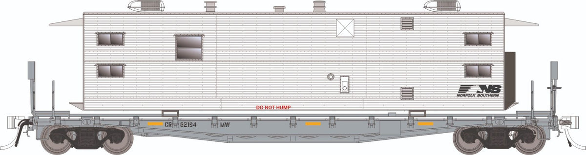 Rapido HO scale F30A 50' flat car with camp van, Norfolk Southern MOW