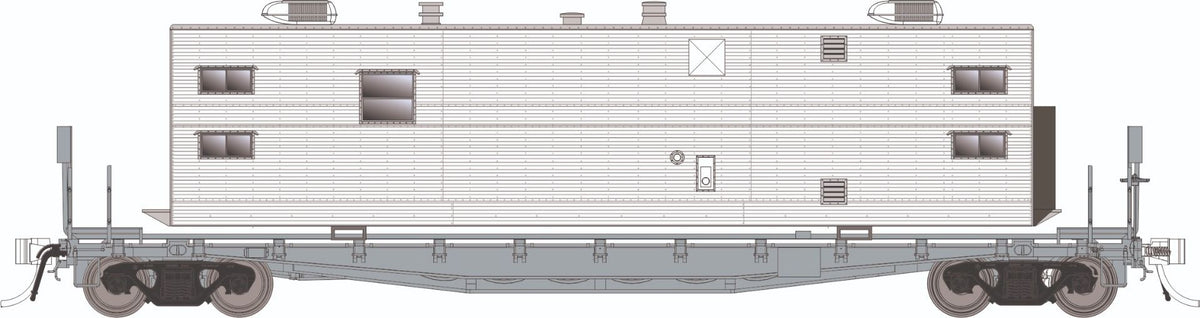 Rapido HO scale F30A 50' flat car with camp van, painted unlettered