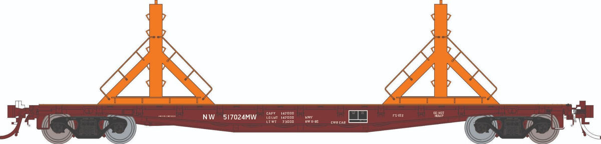 Rapido HO scale F30D 50' rail flat car, Norfolk & Western MOW