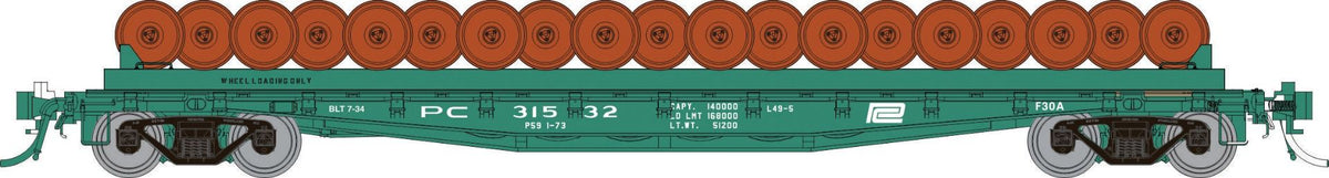Rapido HO scale F30D 50' wheel flat car, Penn Central MOW