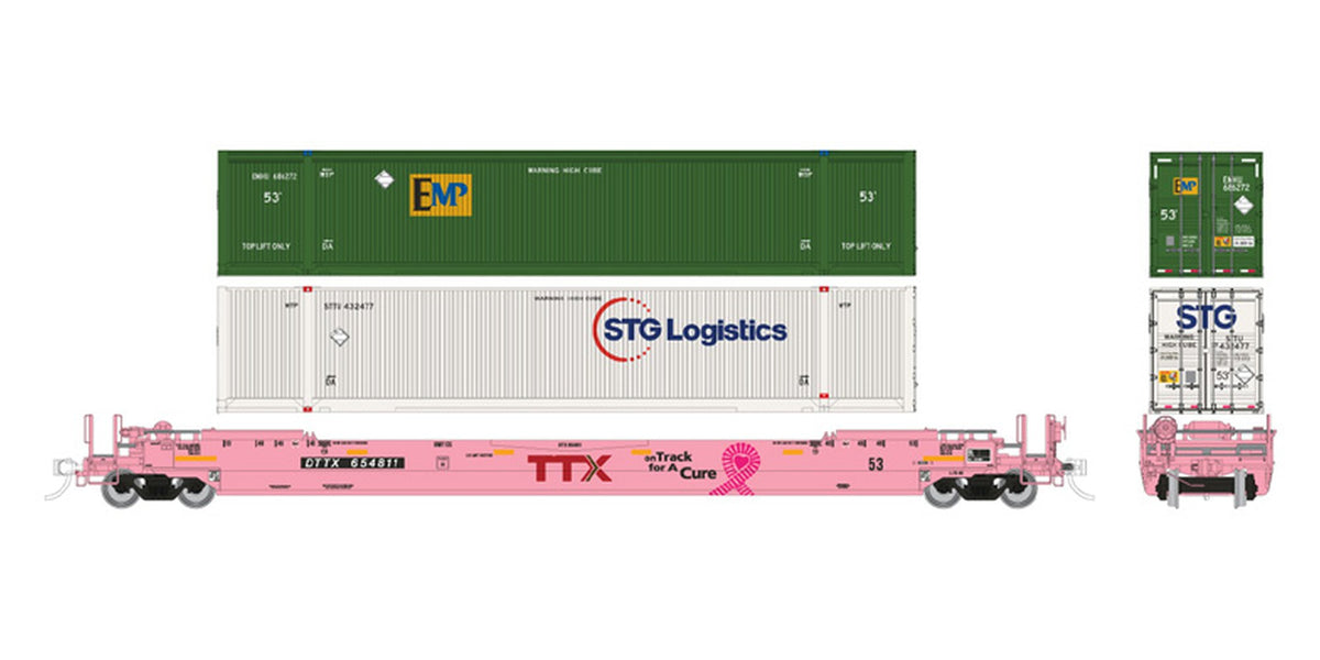 Rapido HO Gunderson 53' Husky Stack well car with containers on track for a cure TTX "On Track for a Cure"
