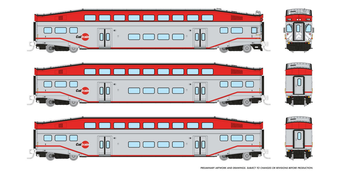 Rapido N scale BiLevel Commuter Car — CalTrain 3-car set with cab car