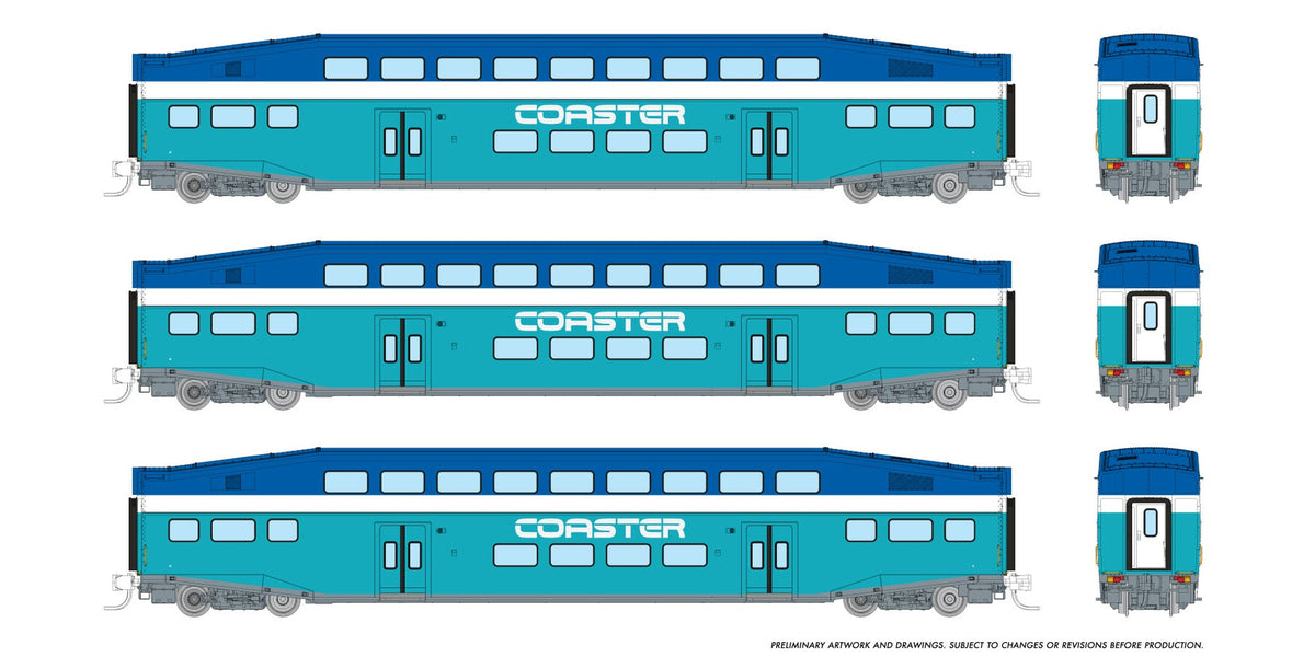 Rapido N scale BiLevel Commuter Car — Coaster 3-coach set