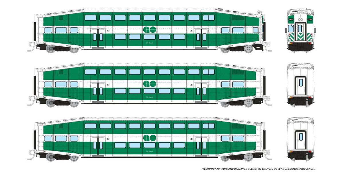 Rapido N scale BiLevel Commuter Car — GO Transit 3-car set with cab car