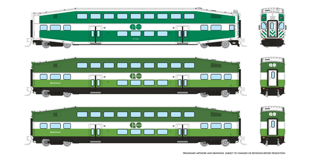 Rapido N scale BiLevel Commuter Car — GO/Metrolinx 3-car set with cab car