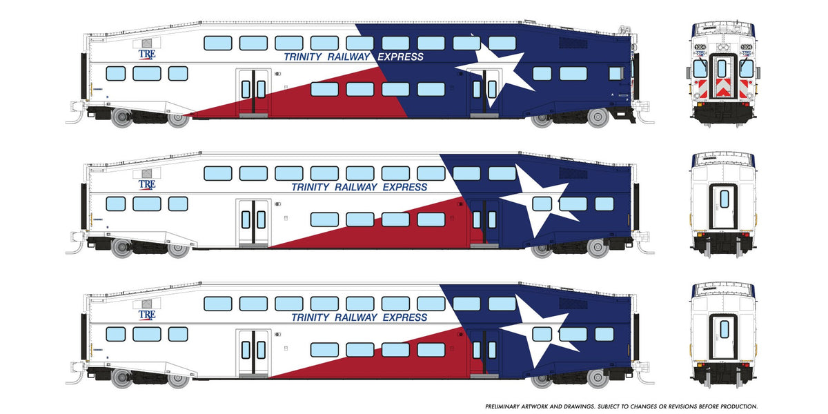 Rapido N scale BiLevel Commuter Car — Trinity Rail Express 3-car set with cab car