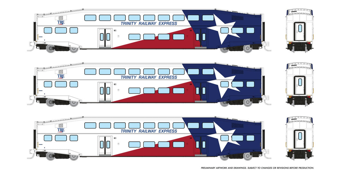 Rapido N scale BiLevel Commuter Car — Trinity Rail Express 3-coach set