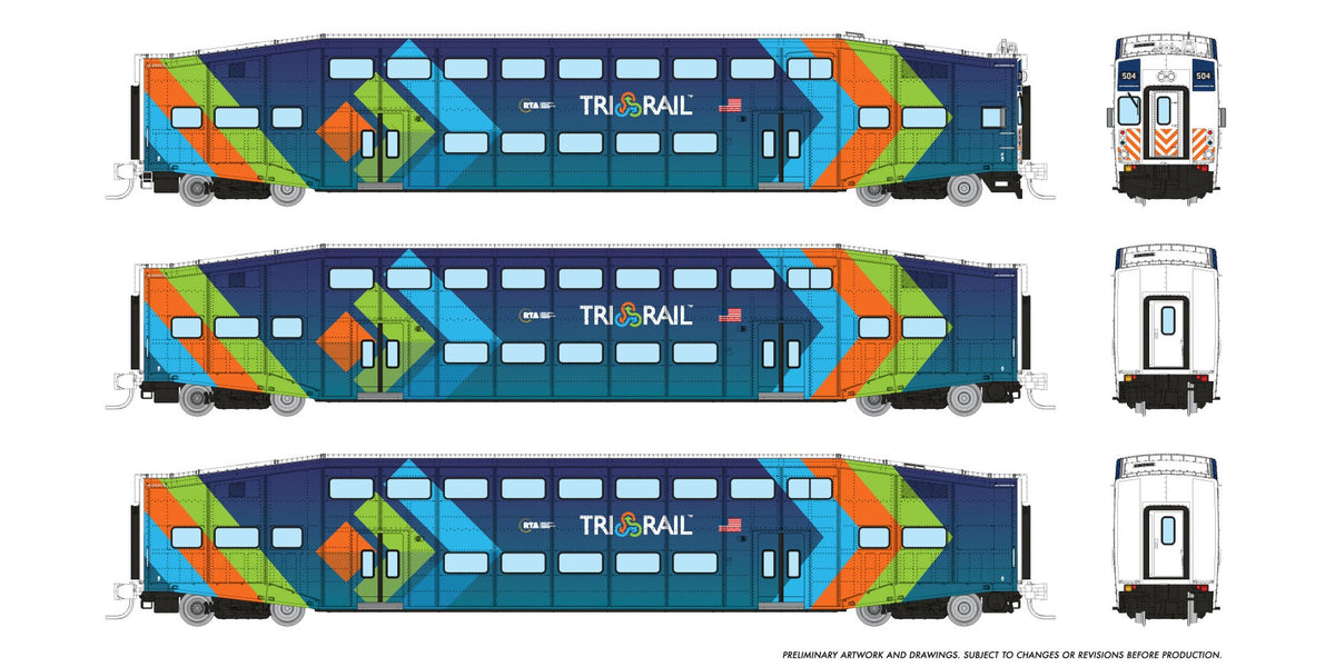 Rapido N scale BiLevel Commuter Car — Tri-Rail 3-car set with cab car