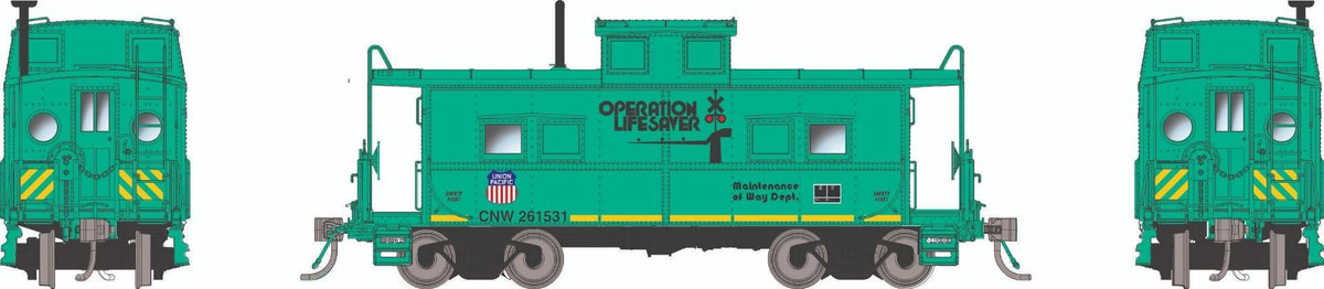 Rapido HO scale Northeastern-style caboose with porthole windows, Union Pacific Operation Lifesaver