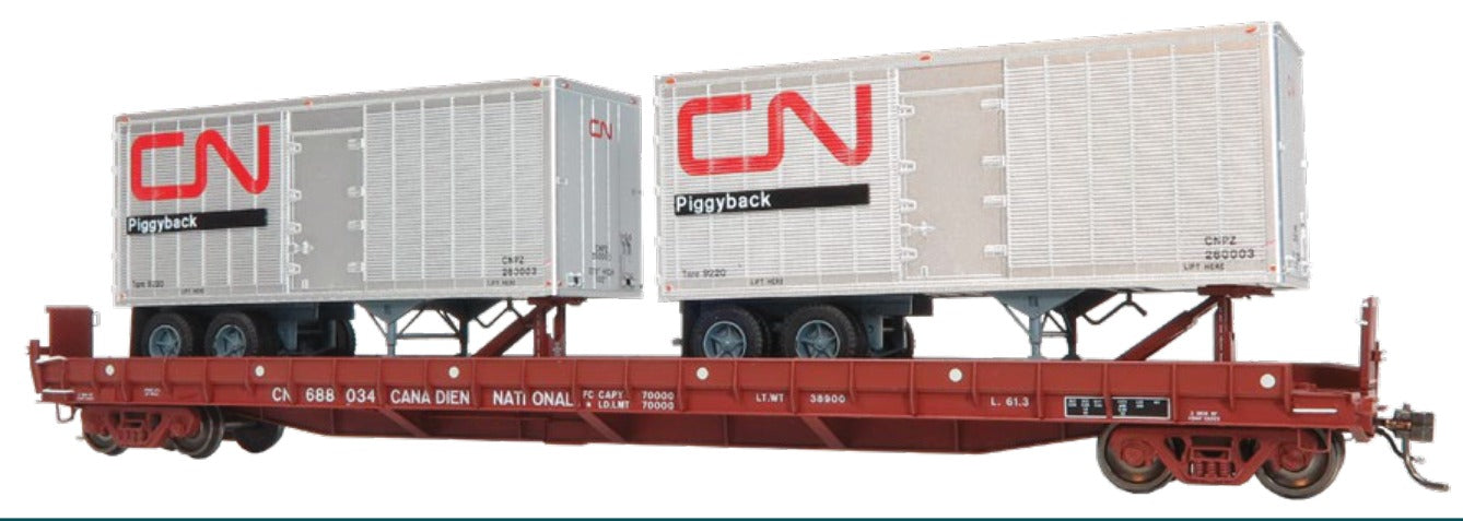 Rapido HO Vancouver Iron Works piggyback flatcar Canadian National w/ Two 26' Trailers