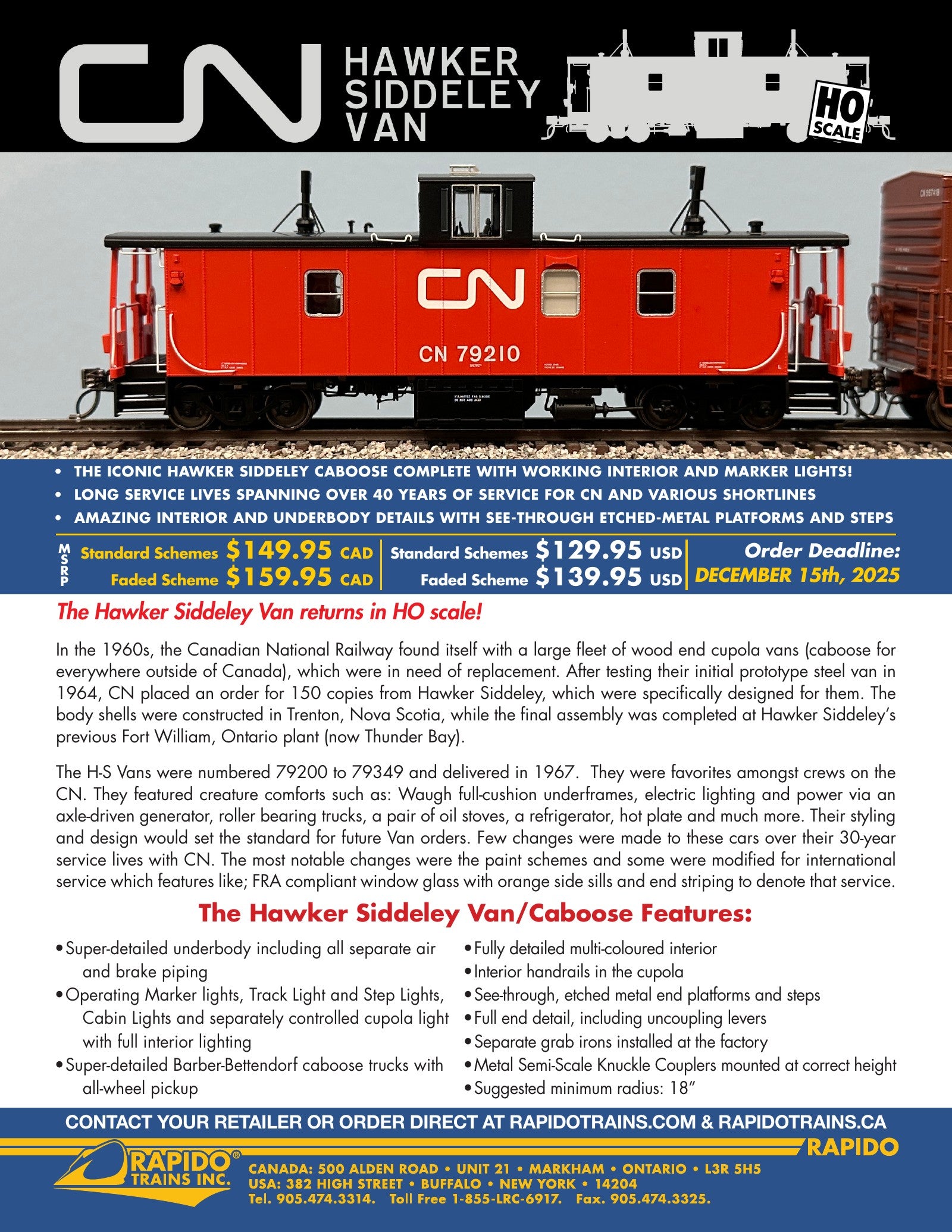Canadian National Hawker Siddeley Van 2025 sales sheet — features, prototype info, all road numbers
