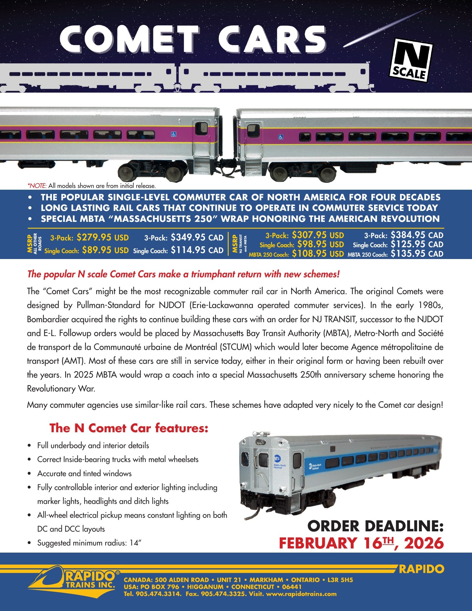 Comet Commuter Cars sales sheet — features, prototype info, all road numbers