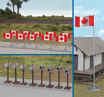 Walthers SceneMaster 4172 HO Scale Flags (11) and Mailboxes (8) - Canadian Flags, 1965-Present