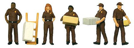 Walthers SceneMaster 6043 HO Scale UPS Delivery Personnel pkg(5) - Includes Handcart