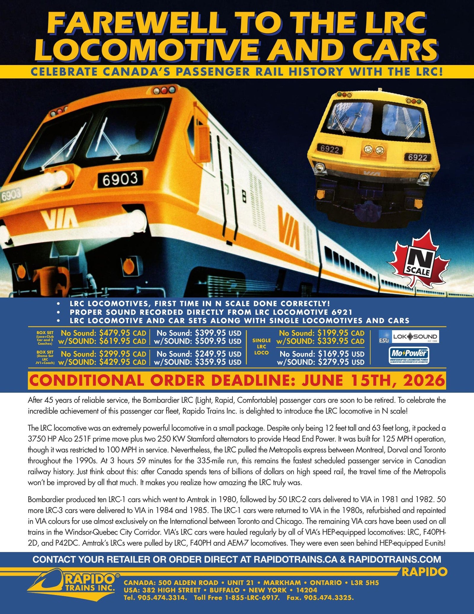 N Scale LRC Sets sales sheet β features, prototype info, all road numbers