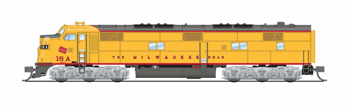 Broadway Limited Imports 10222 N EMD E7A, MILW 18A, Yellow & Gray Streamliner Scheme, No-Sound / DCC-Ready, N - view 8