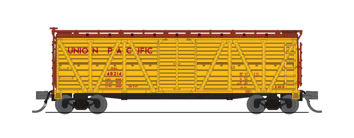 Broadway Limited Imports 10473 N 40' Wood Stock Car, UP 48237, Yellow w/ Brown, Hog Sounds