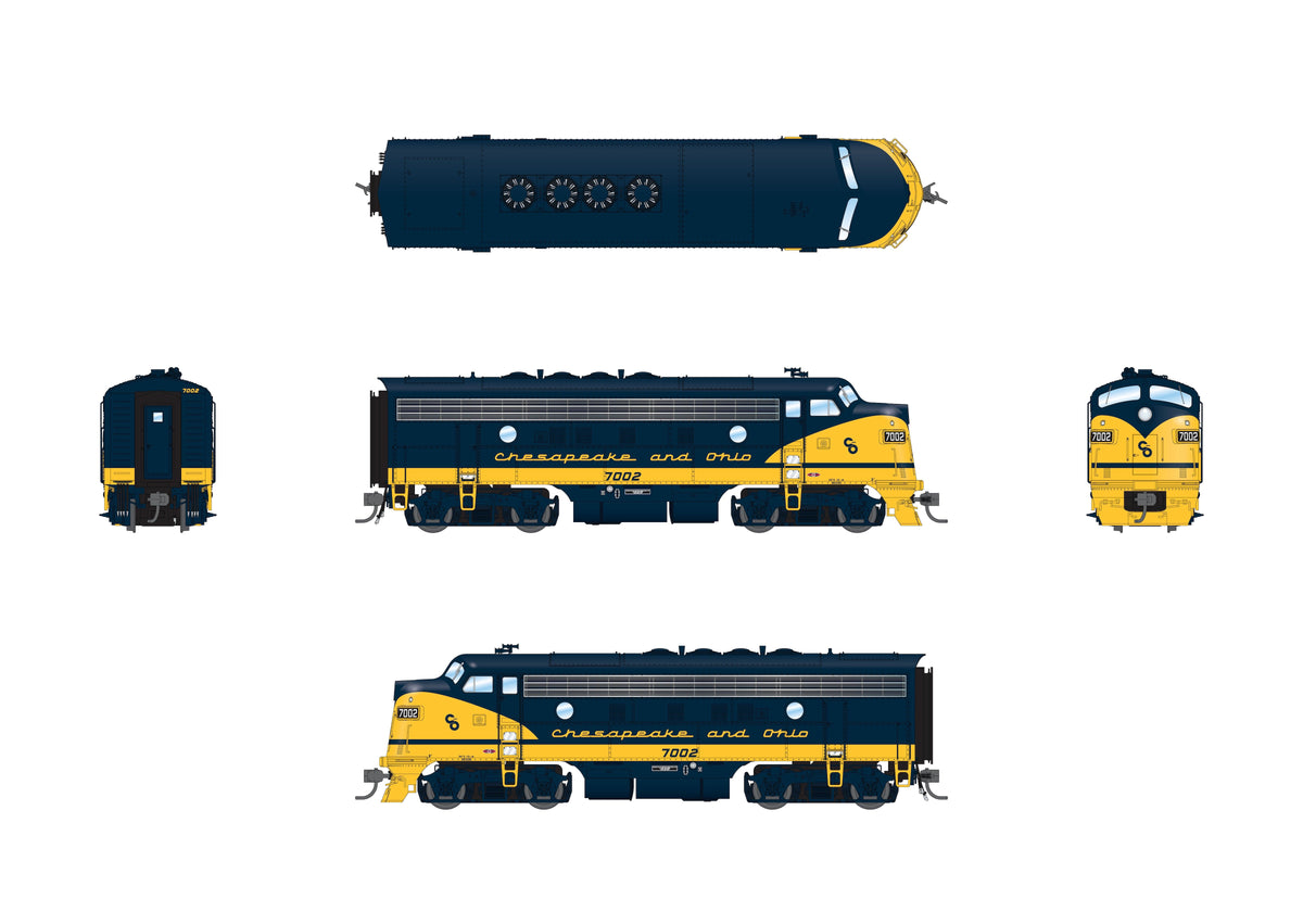 Broadway Limited Imports 10550 HO EMD F7 A/B Set, Chesapeake & Ohio #7002/7501, Blue w/ Yellow Nose, A-unit Paragon4 Sound/DC/DCC + Unpowered B-unit - view 2