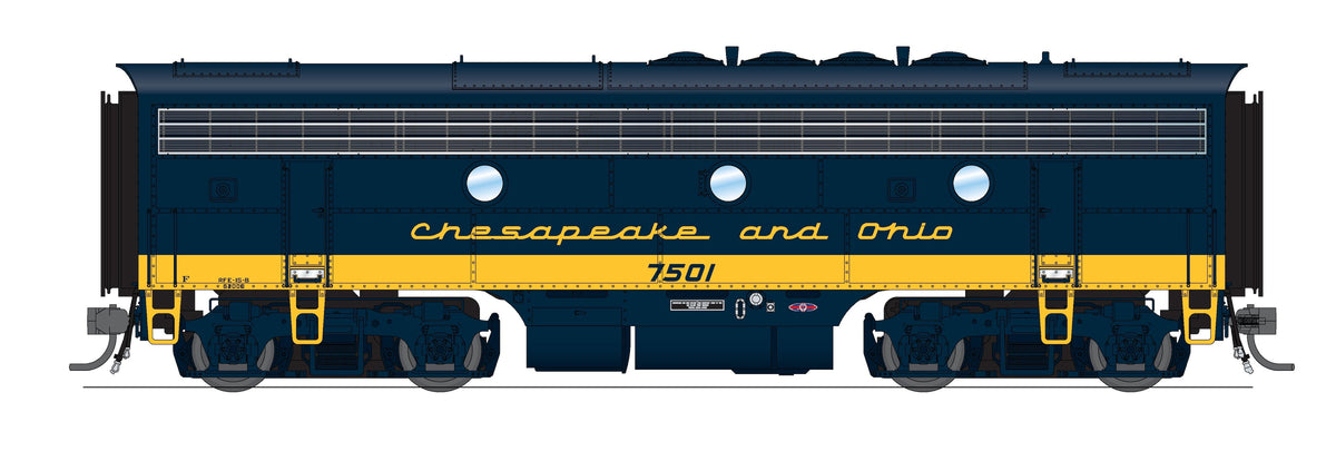 Broadway Limited Imports 10550 HO EMD F7 A/B Set, Chesapeake & Ohio #7002/7501, Blue w/ Yellow Nose, A-unit Paragon4 Sound/DC/DCC + Unpowered B-unit - view 3
