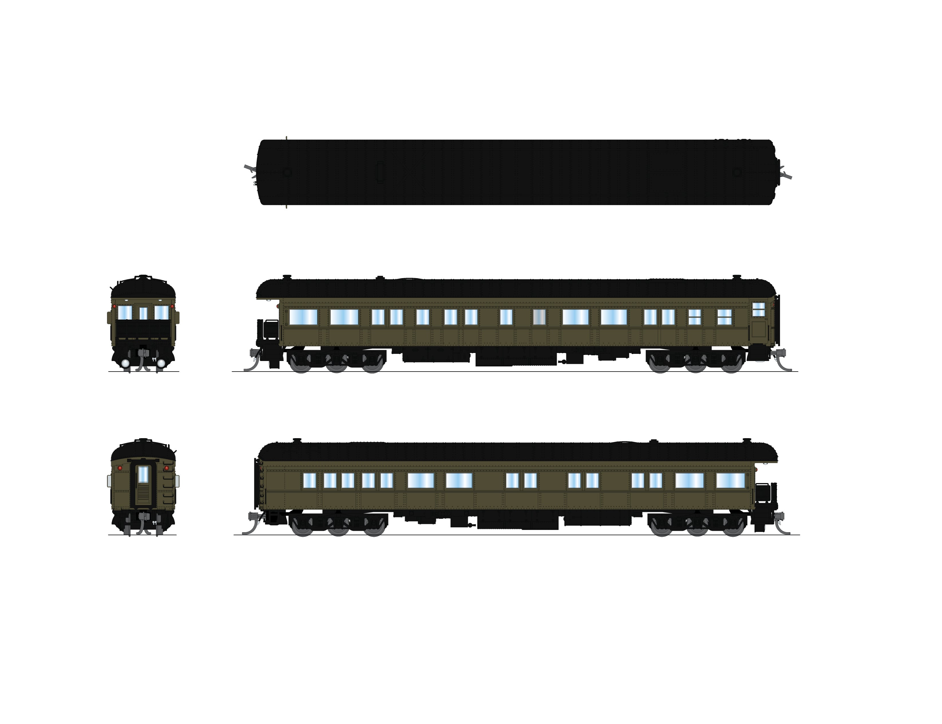 Broadway Limited Imports 10782 N Unlettered Heavyweight Business Car, Pullman Green w/ Balloon Roof