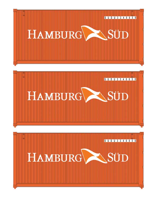Walthers SceneMaster 18052 HO Scale 20' Fully Corrugated Container 3-Pack Hamburg Sud