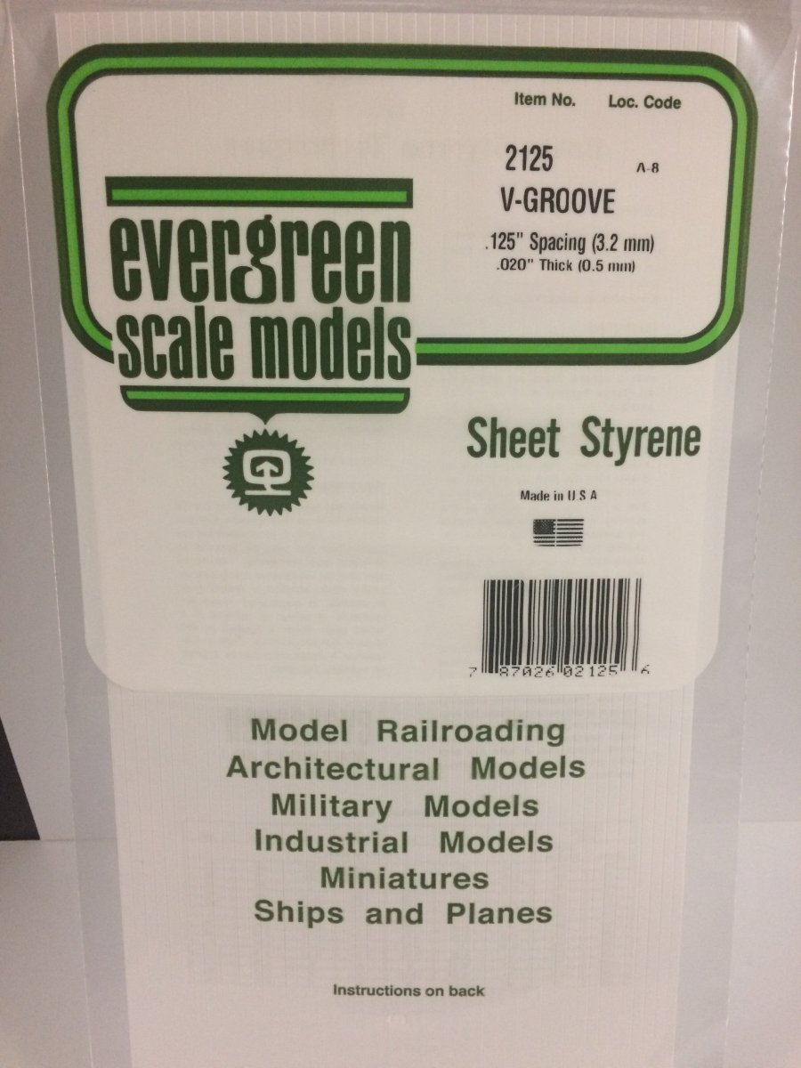 Evergreen 2125 .125" Opaque White Polystyrene V - Groove Siding - Oakville Model Trains Depot