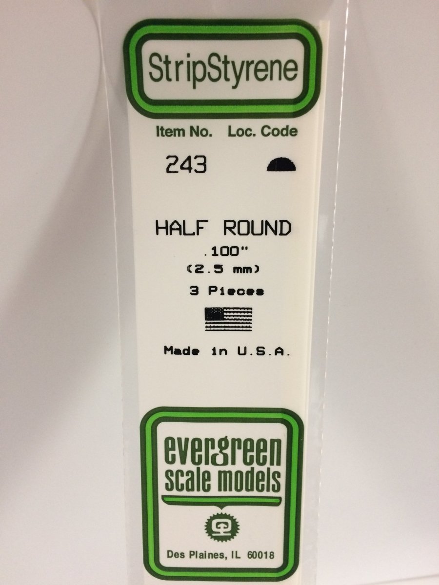 Evergreen 243 .100" (2.5mm) Opaque White Polystyrene Half Round (3 pcs) - Oakville Model Trains Depot
