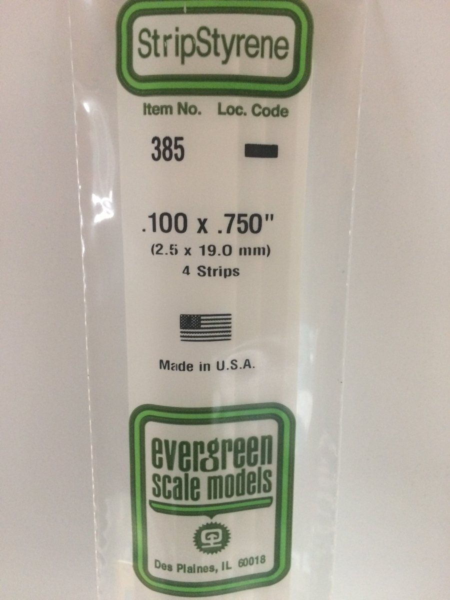 Evergreen 385 .100" X .750" X 24" Opaque White Polystyrene Strip - Oakville Model Trains Depot
