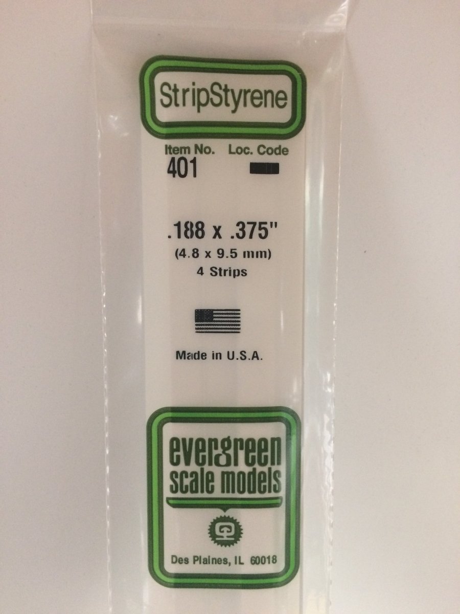 Evergreen 401 .188" X .375" X 24" Opaque White Polystyrene Strip - Oakville Model Trains Depot