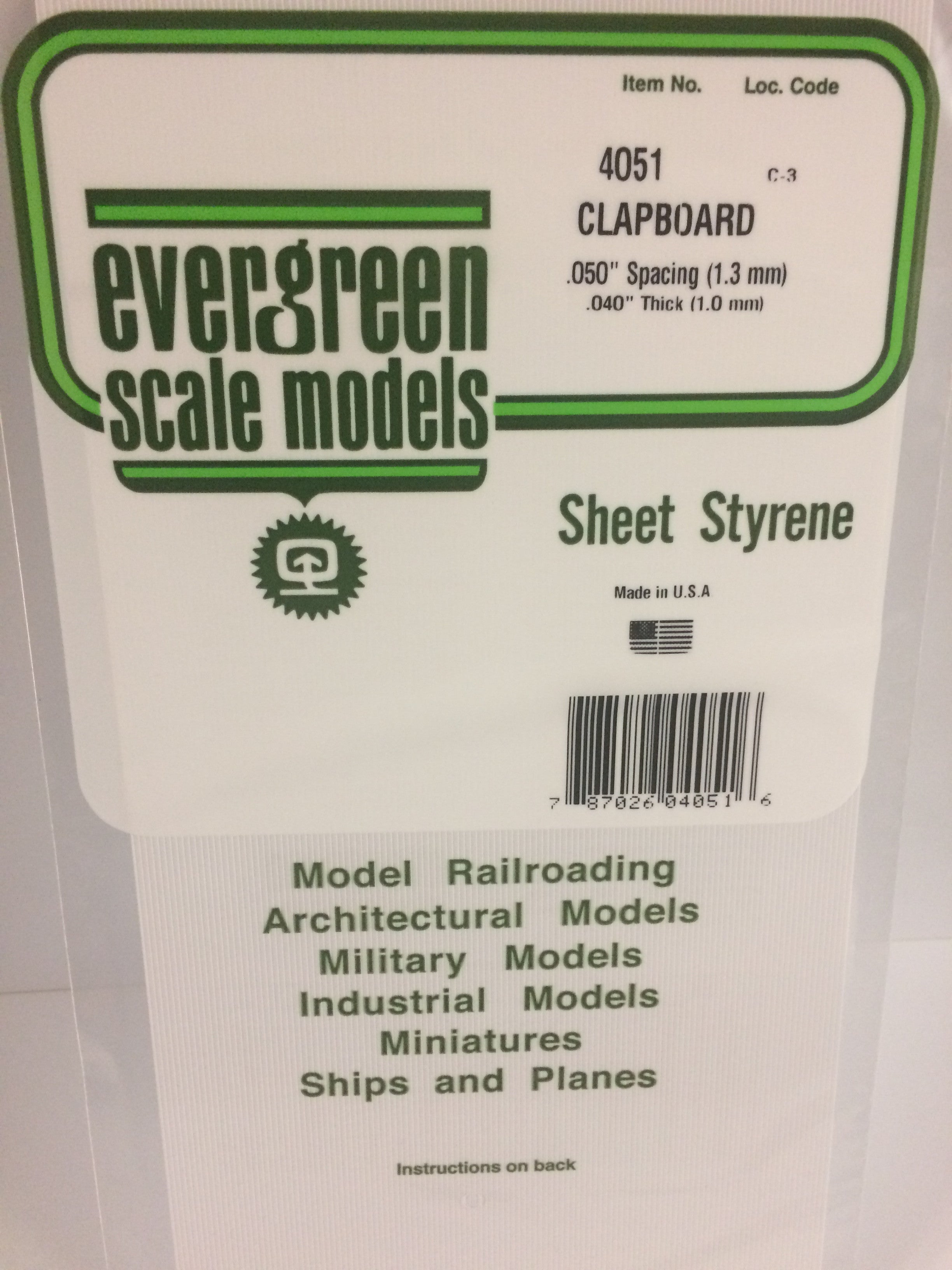 Evergreen 4051 .050" Spacing .040" Thick Opaque White Polystyrene Clapboard Siding (1 pc)