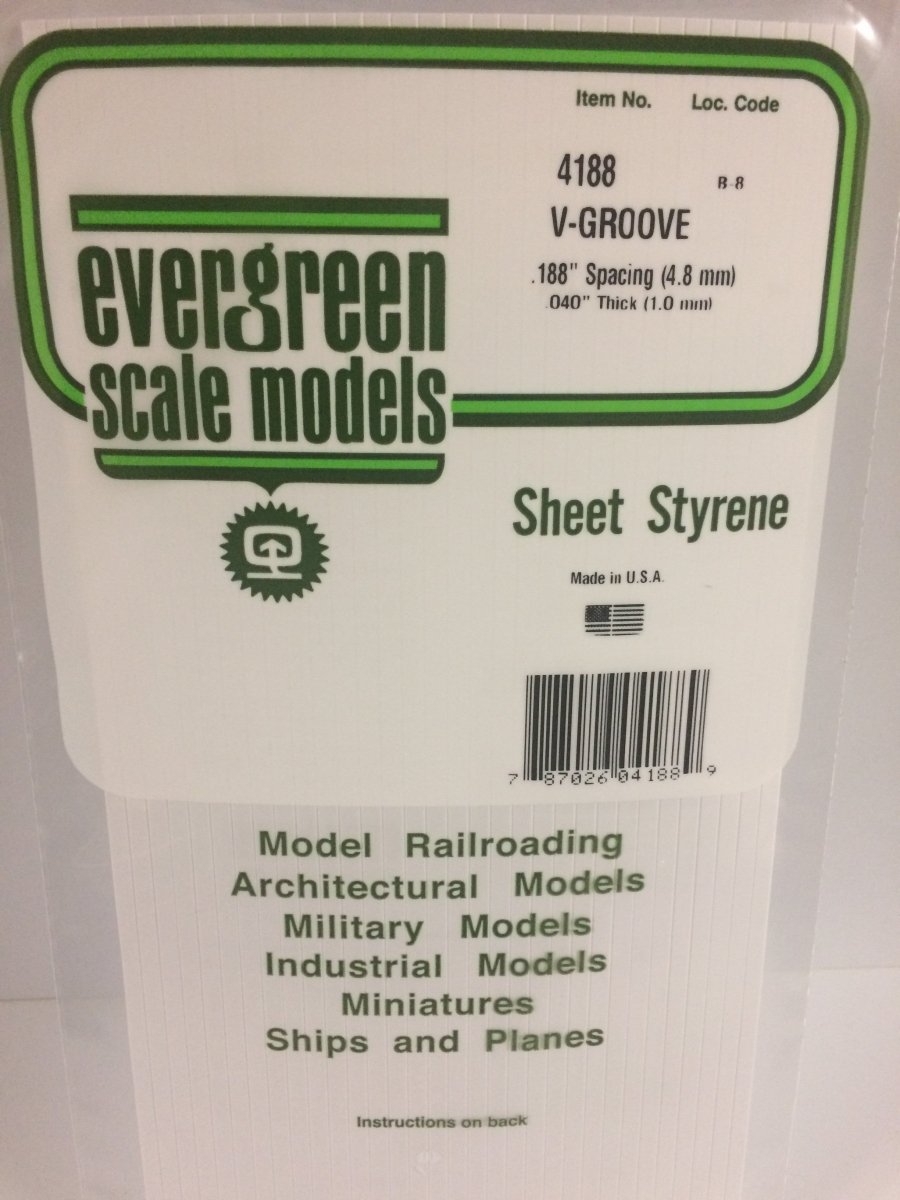 Evergreen 4188 .188" Opaque White Polystyrene V - Groove Siding - Oakville Model Trains Depot