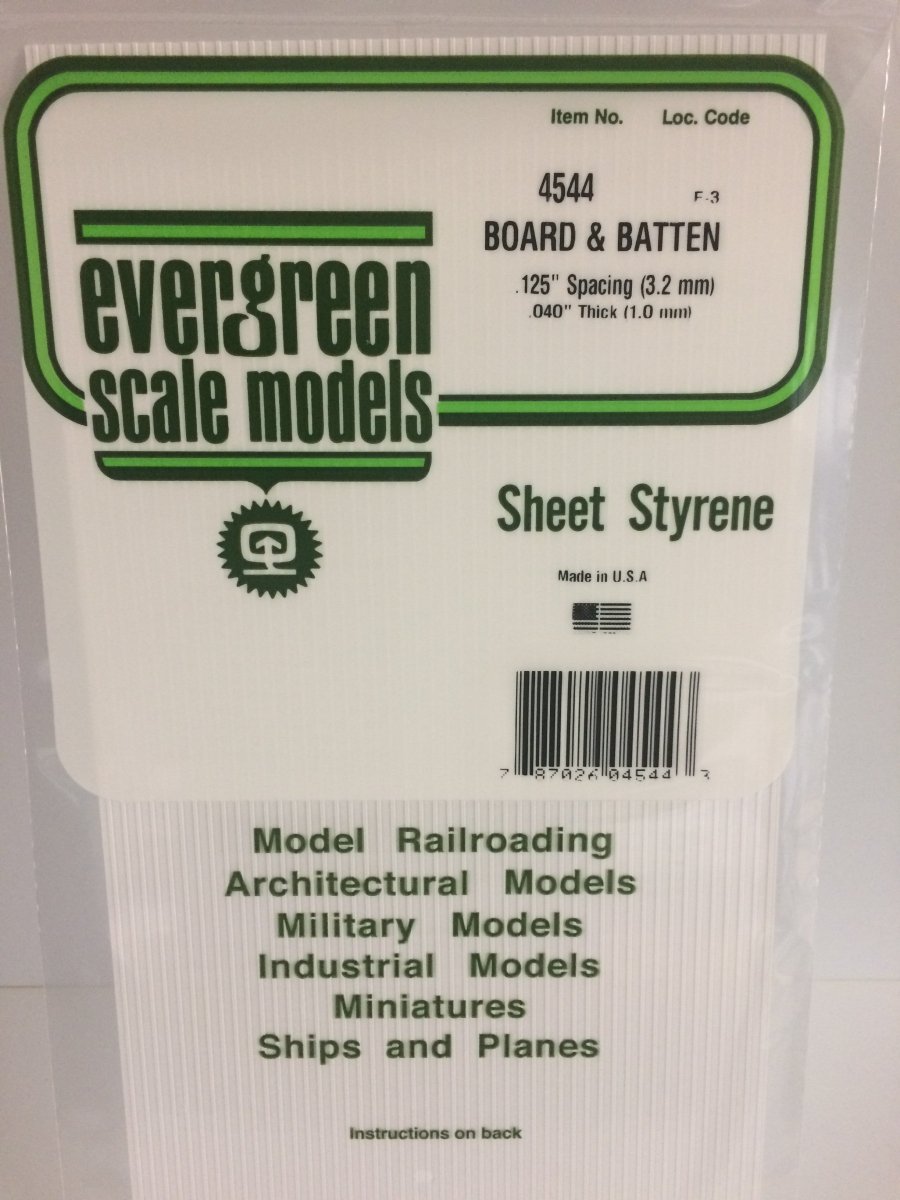 Evergreen 4544 .125" Opaque White Polystyrene Board And Batten Siding - Oakville Model Trains Depot