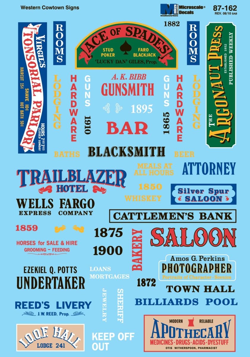 Microscale 60 - 162 N Scale Structure Signs - Western Cowtown Waterslide Decals - Oakville Model Trains Depot