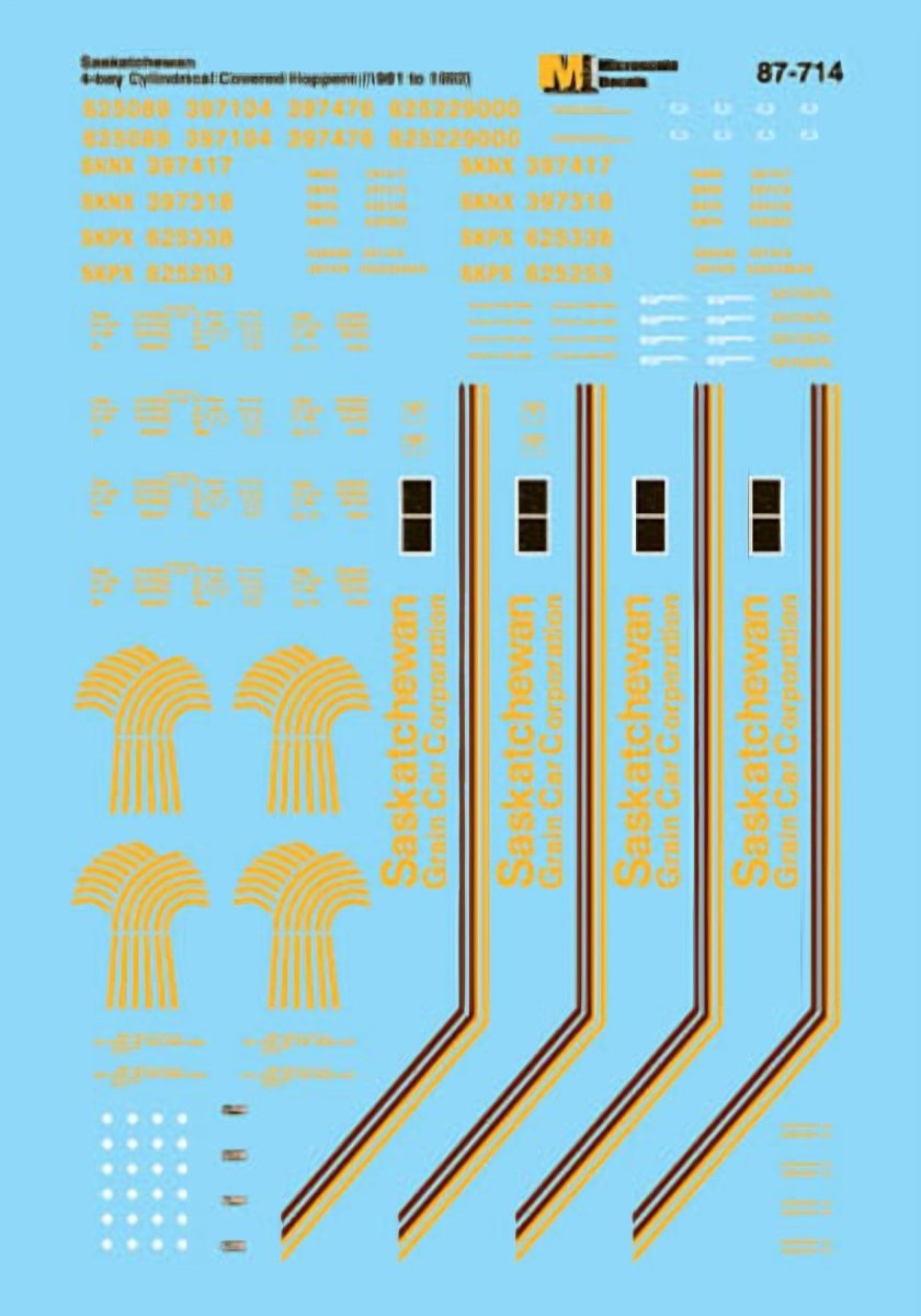 Microscale 60 - 714 N Scale Saskatchewan 4 - Bay Cylindrical Covered Hoppers (1981 - 1992) Waterslide Decals - Oakville Model Trains Depot