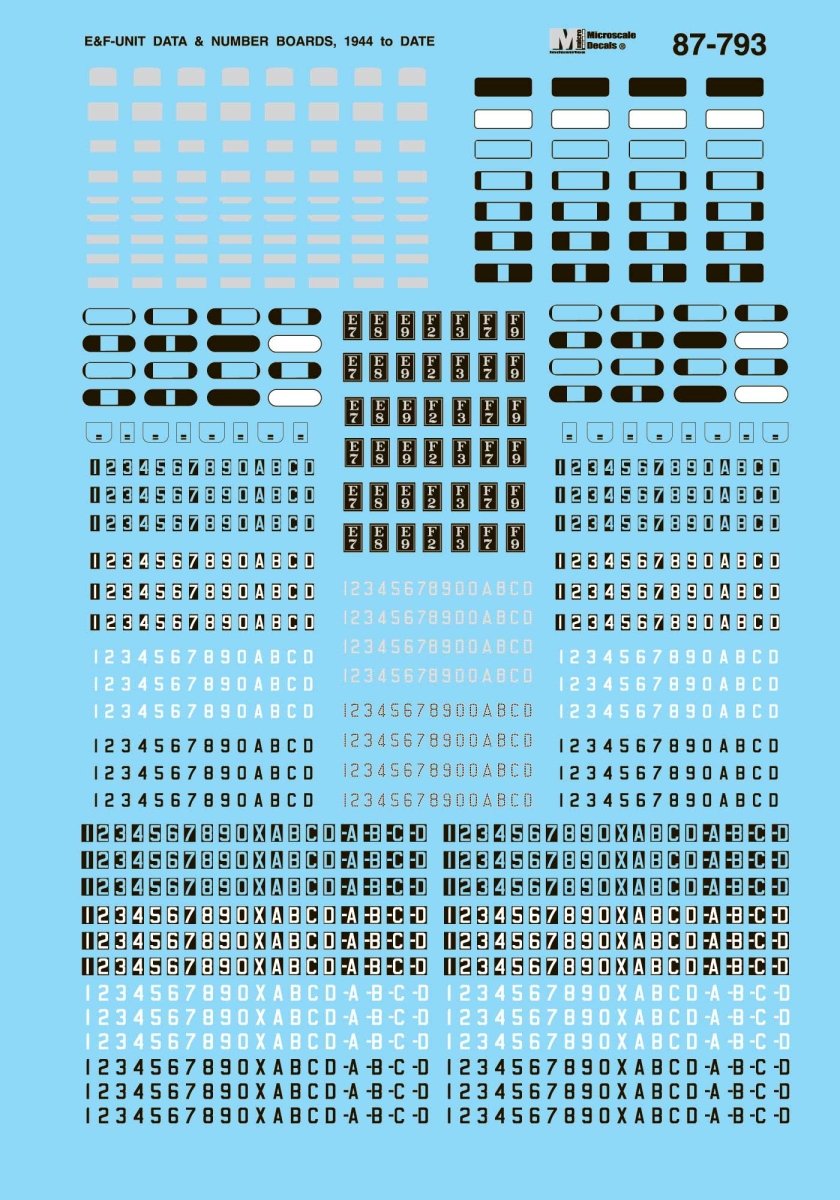 Microscale 60 - 793 N Scale E & F Unit Data & Number Boards Waterslide Decals - Oakville Model Trains Depot