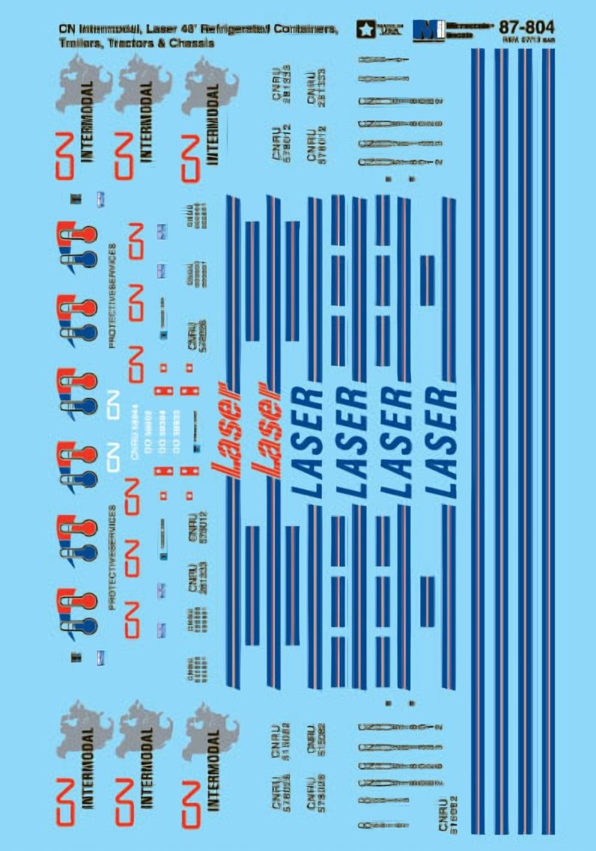 Microscale 60 - 804 N Scale CN Laser 48' Refrigerated Containers Waterslide Decals - Oakville Model Trains Depot