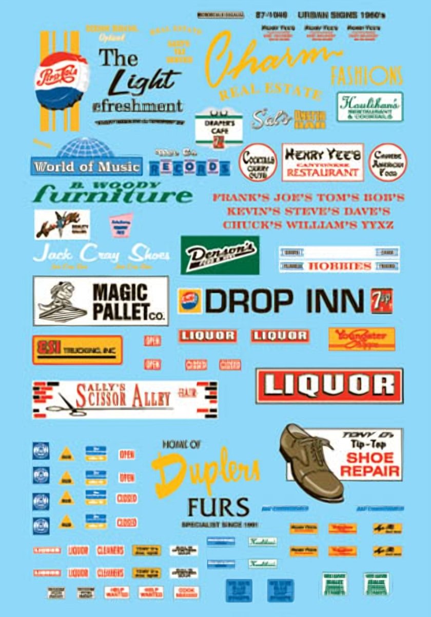 Microscale 87 - 1049 HO Scale Commercial Building Signs (1950s) Waterslide Decals - Oakville Model Trains Depot
