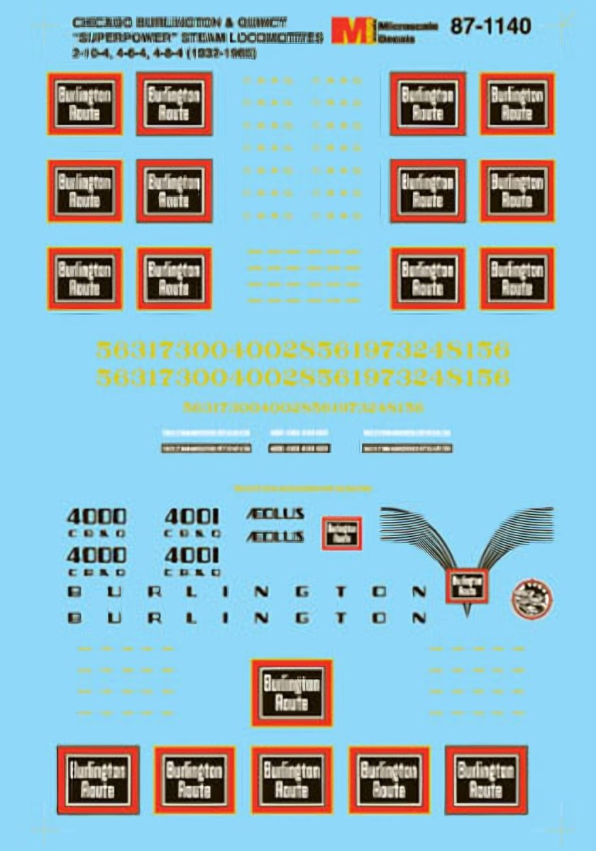 Microscale 87 - 1140 HO Scale Chicago Burlington & Quincy Superpower Steam Locomotives (1932 - 1965) Waterslide Decals - Oakville Model Trains Depot